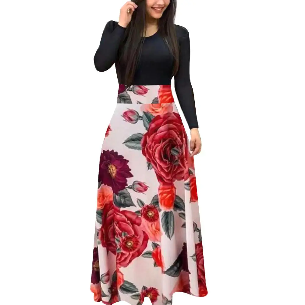 Elegant/Vintage Women Dresses Long Sleeve Cocktail Party Large Swing Maxi Dress Floral Print Dress Autumn/Winter
