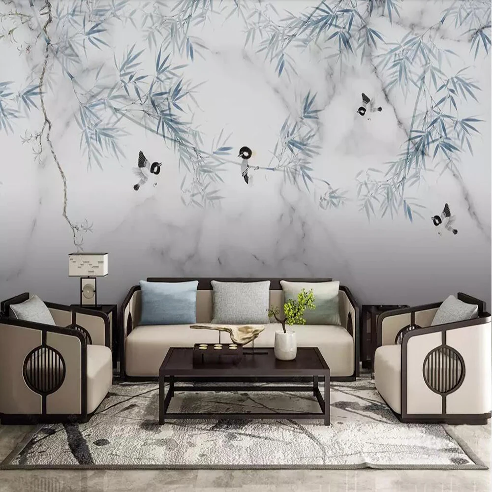 

Milofi custom 3D wallpaper mural modern marble pattern bamboo flowers and birds background wall decoration wallpaper mural