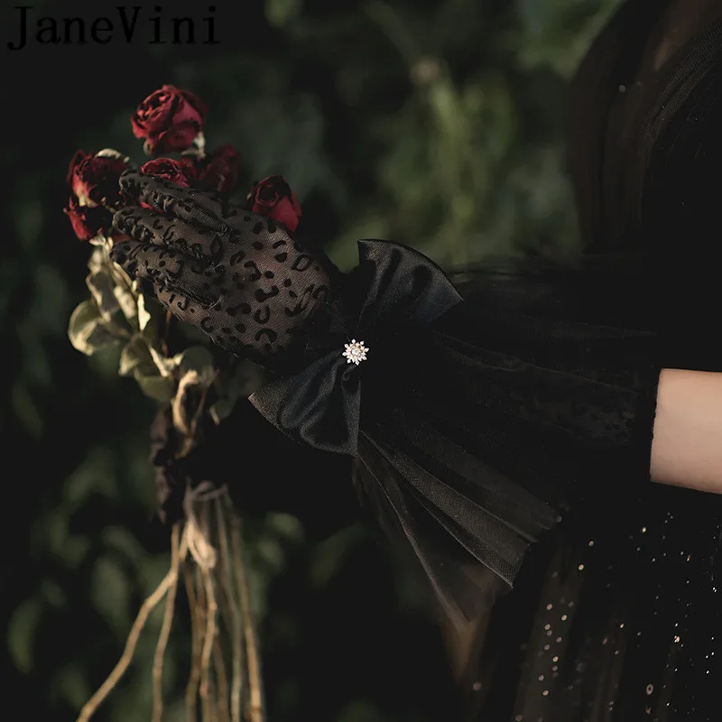 JaneVini Sexy Black Sheer Gloves Bow Mesh Tulle Short Full Finger Bride Gloves Wedding Party Bridal Accessories Guante De Malla