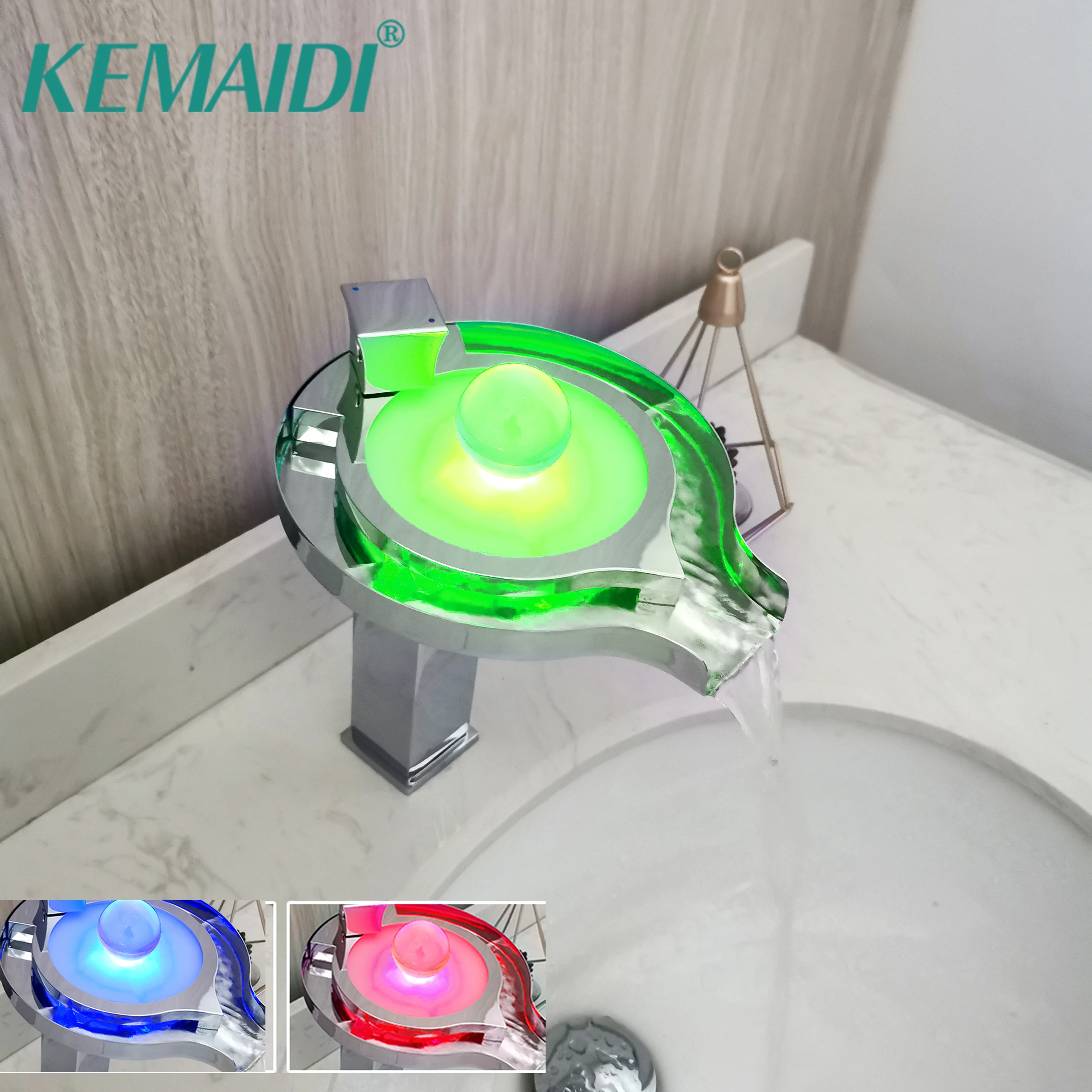 

KEMAIDI LED Faucet Bathroom Basin Faucet Brass Chrome Finished LED Waterfall Taps Water Power Basin Led Tap Mixer Torneira