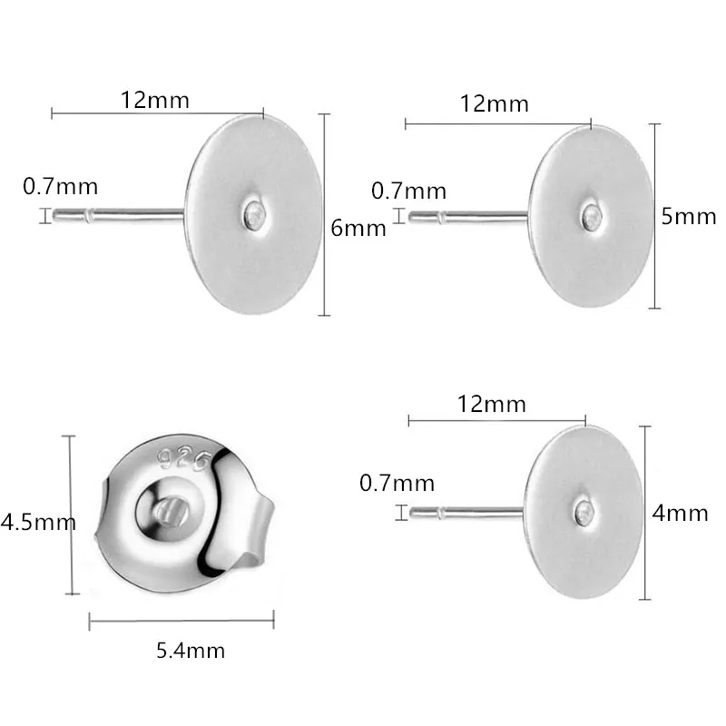 50 قطعة هيبوالرجينيك القرط المشاركات 925 الفضة مطلي النحاس وأقراط 4 5 6 مللي متر لوحة مسطحة فارغة النتائج فراشة القرط مرة أخرى #5