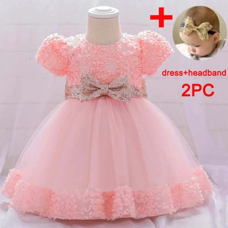 PLBBFZ Send Headban Pink Sequin Baby Girl Dress First Birthday Dress For Kids Christening Big Bow Party Wedding Princess Dresse