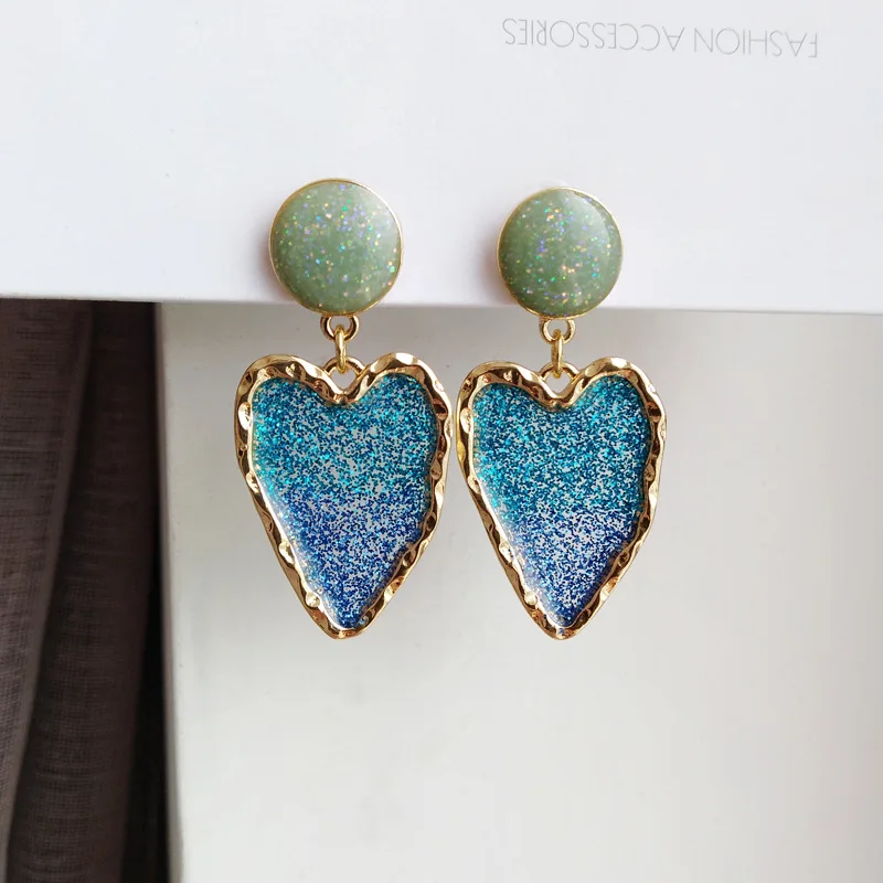 925 Silver Needle Fashion Jewelry Earring Blue Tone Bling Bling Glitter Enamel Heart Dangle Earrings For Women Jewelry Girl Gift