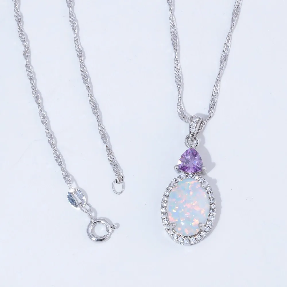 CiNily White Fire Opal Stone Necklace Silver Plated Chain Pink Purple Zircon Crystal Filled Pendant Charm Summer Jewelry Female