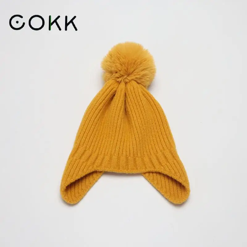 COKK Winter Hats For Children Girls Boys Beanie With Pompom Faux Fur Ear Protection Knitted Bonnet Keep Warm Candy Solid Soft