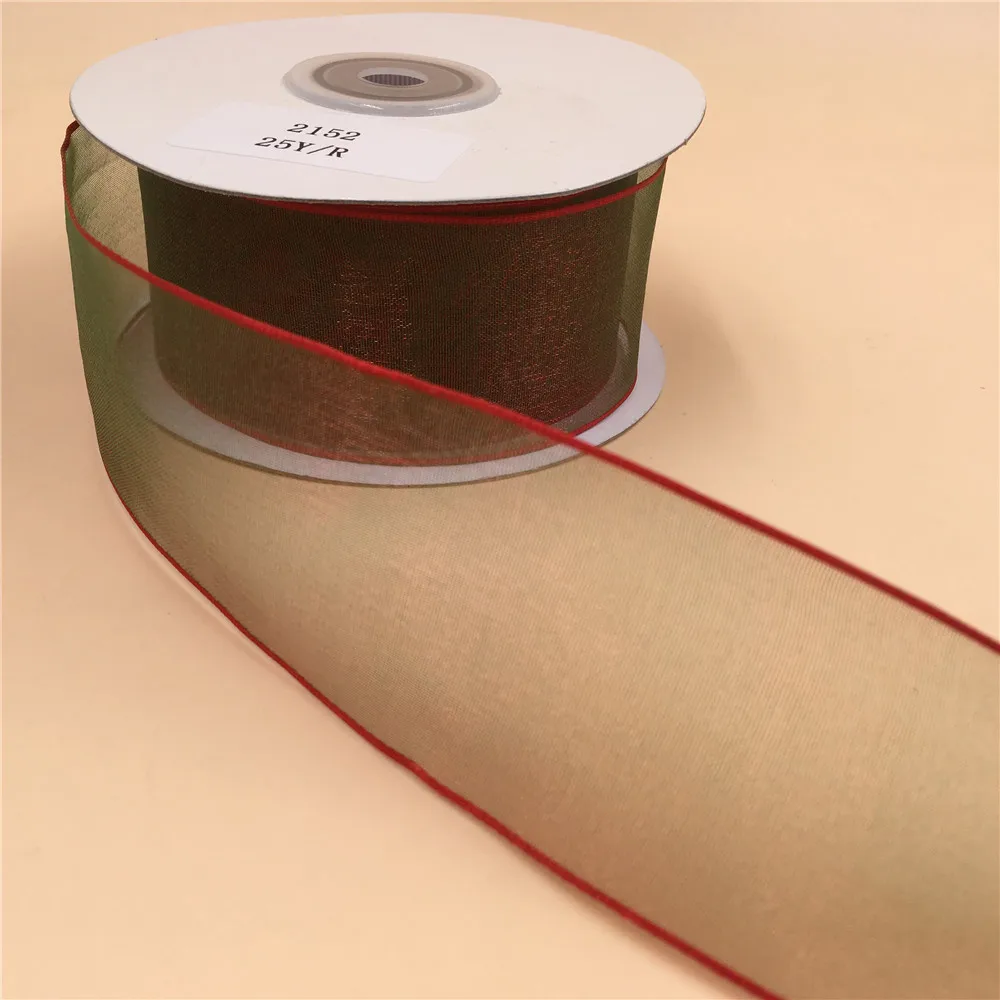 

38MM X 25 Yards Coffee with Red Line Organza Wire Edge Ribbon for Birthday Decoration Gift Wrapping 1-1/2"