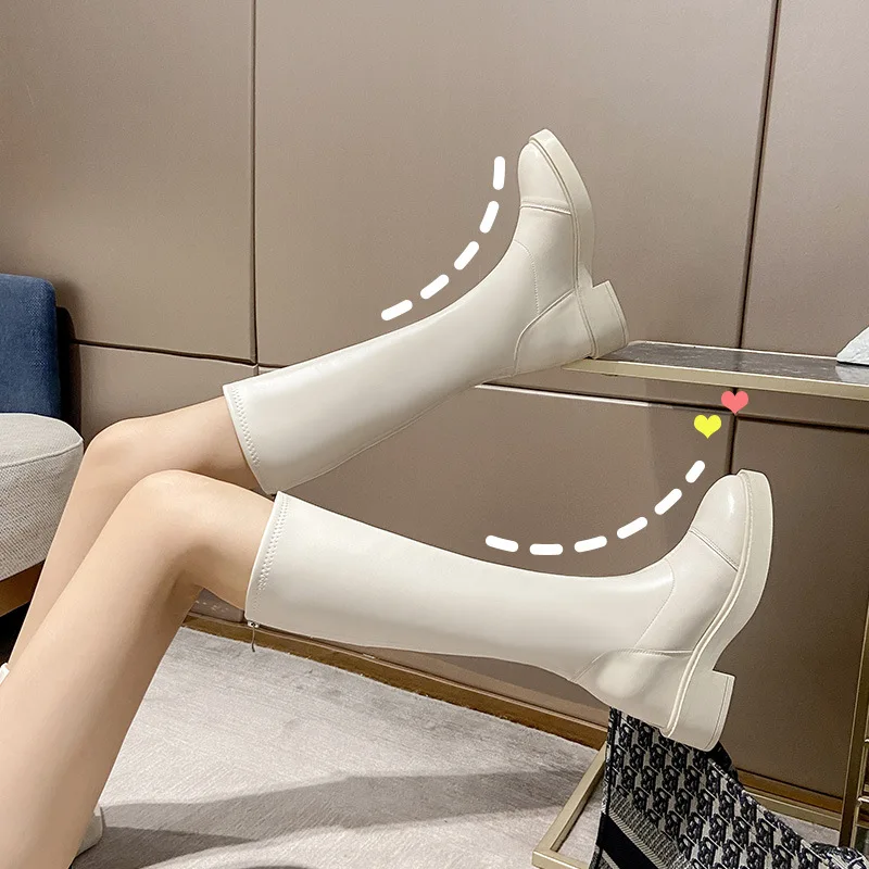 2021 new small height increase white boots women soft leather mid-tube boots high-tube knight thin boots