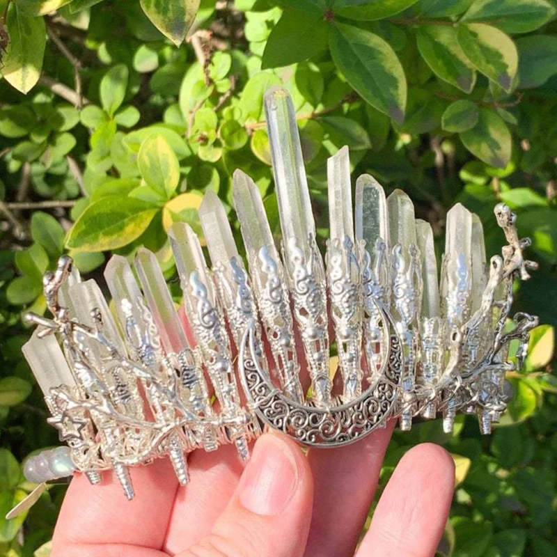 M6CD Crystal Headband White Natural Raw Stone Hair Accessory with Branches Crescent Boho-style Quartz Tiara Crown for Wedding