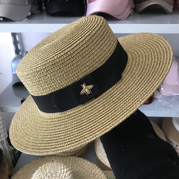 Sun Hats Small Bee Straw Hat European and American Retro Gold Braided Hat Female Loose Sunscreen Sunshade Flat Cap Visors Hats