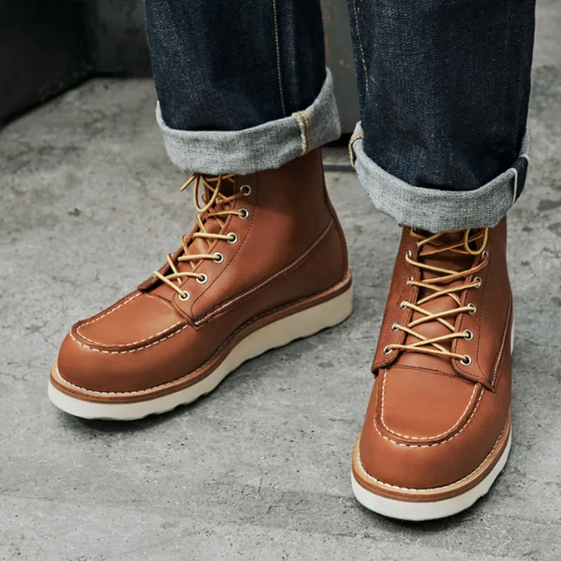 Handmade High Top Boots Mens Vintage Round Toe Genuine Leather Casual Mid Calf Boots Spring Autumn Thick Platform Cowhide Boots