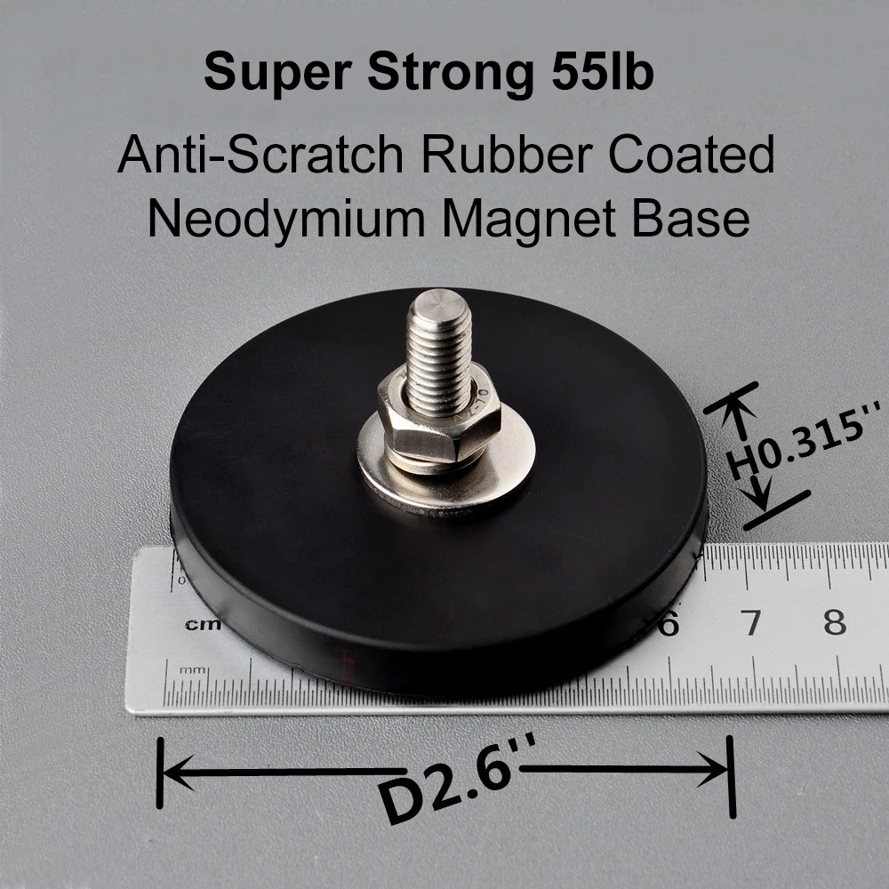 Anti-Scratch Neodymium Rubber Coated Magnet D66mmStrong Magnetic Base M8 Male Thread for Led Working/Signal Light/Antenna