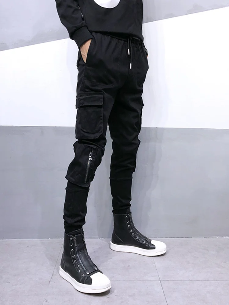 Free Shipping Men's Male fashion Black New Trendy Brand Function Multi-pocket Casual Overalls Hair Stylist Slim Feet Harem Pants