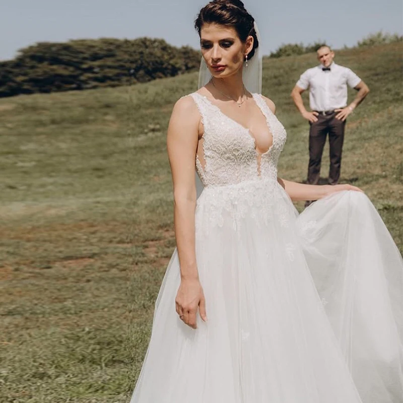 Vestido De Novia bohemio con cuello en V, falda De tul con lentejuelas, longitud completa, Espalda descubierta, color blanco marfil, talla grande