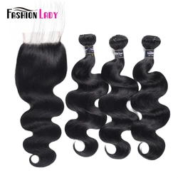 Jet black human hair bundles with closure Fashion Lady Pre-Colored Bundle Pack Bodywave 3/4 Bundles With Closures Non-Remy