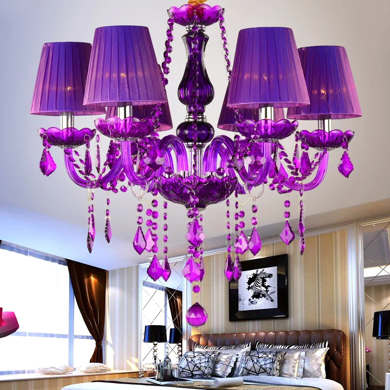 

Purple Luxury Crystal Chandelier for Living Room Decor Villa Bedroom Wedding Pendant Light Hotel Restaurant Bar Hanging Lamps