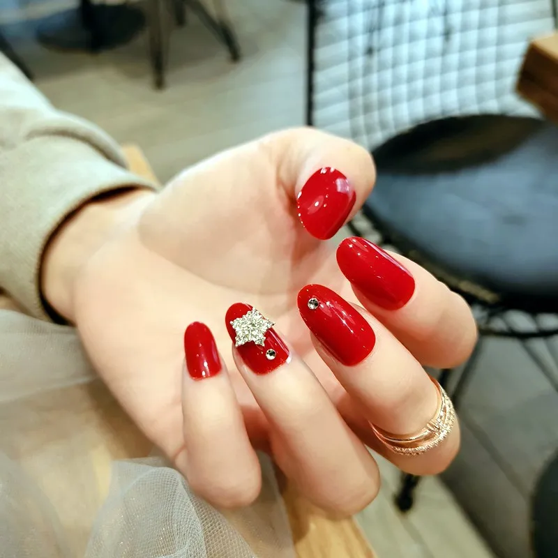 Uñas postizas decoradas para niñas, Parche de manicura de copo de nieve rojo con taladro, cabeza ovalada, pegamento para manualidades, 24 unids/lote por caja