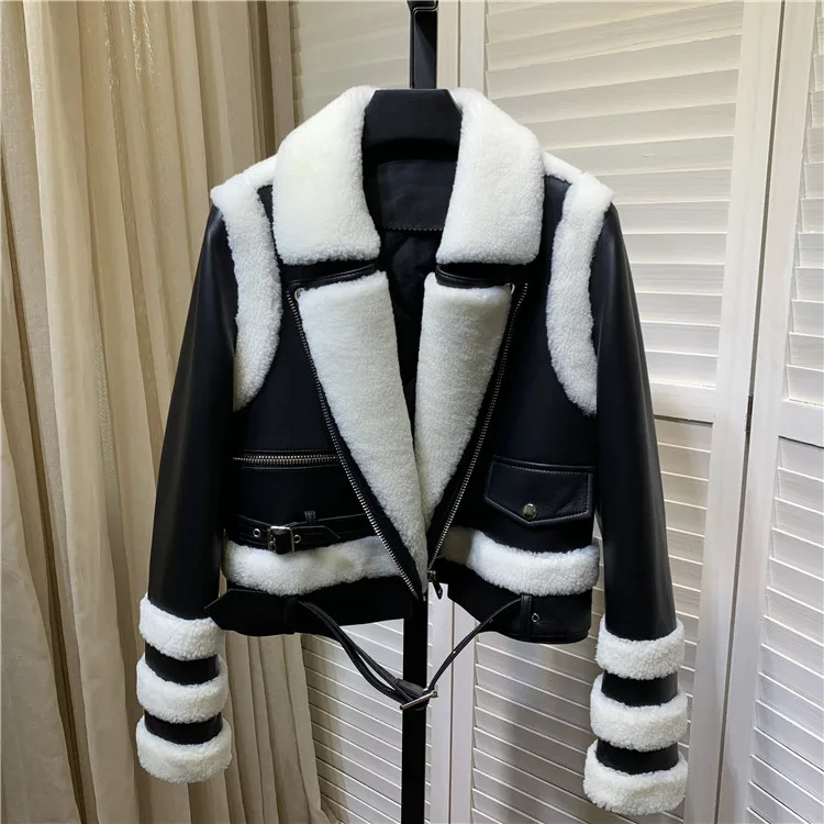 2020 Autumn Winter High quality Women's sheep skin Real leather coat fashion wool patchwork leather warm coat C376