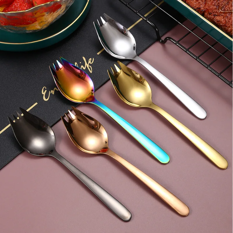 Stainless Steel Long Handle Fruit Fork Spoon Tableware Lunch Accessories for Kids Multi-Function Desserts Salad Scoop