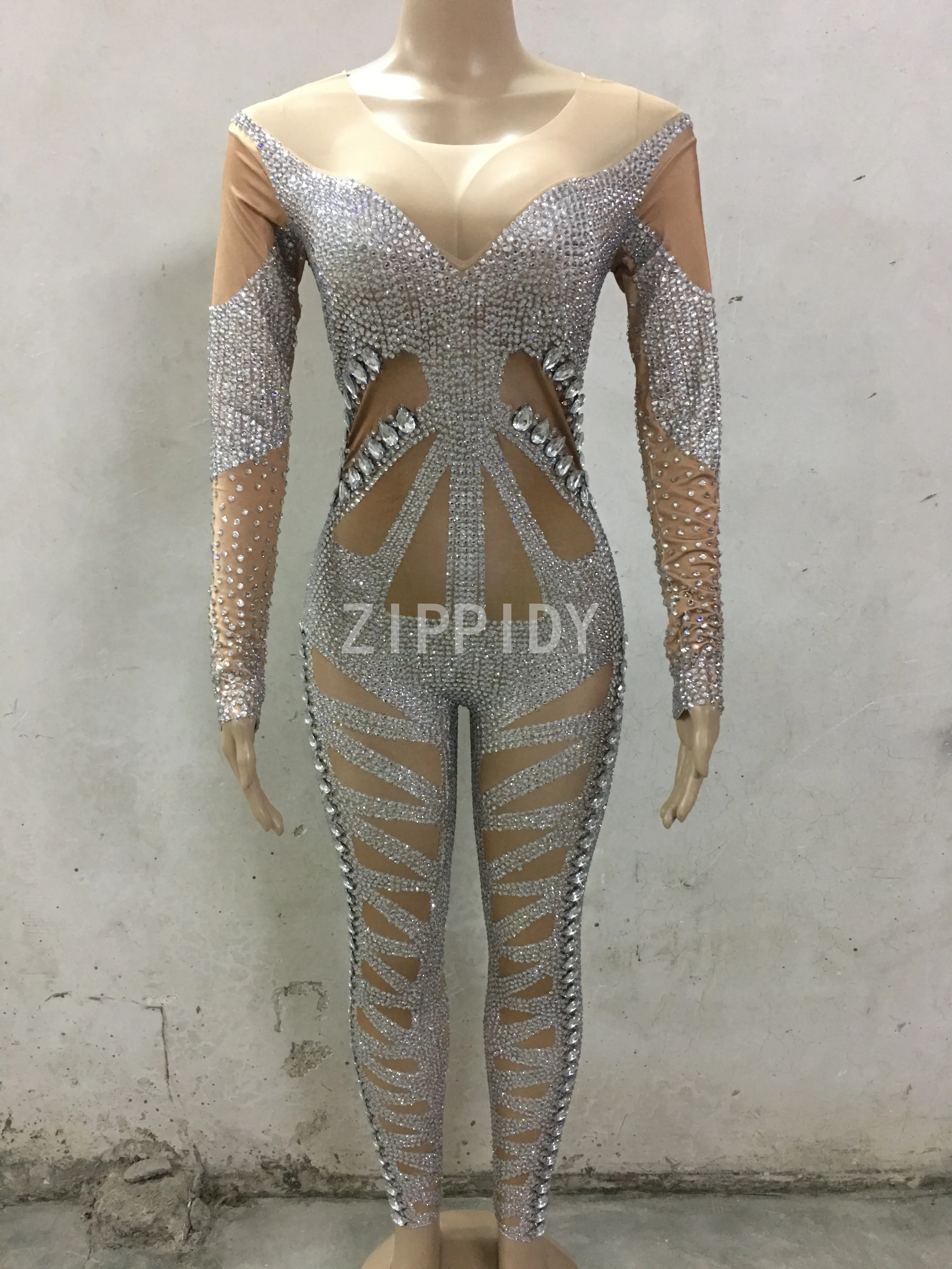 Silver Rhinestones Spandex Jumpsuit Birthday Celebrate Long Sleeves Bar Outfit Women Singer Dance Leggings Outfit