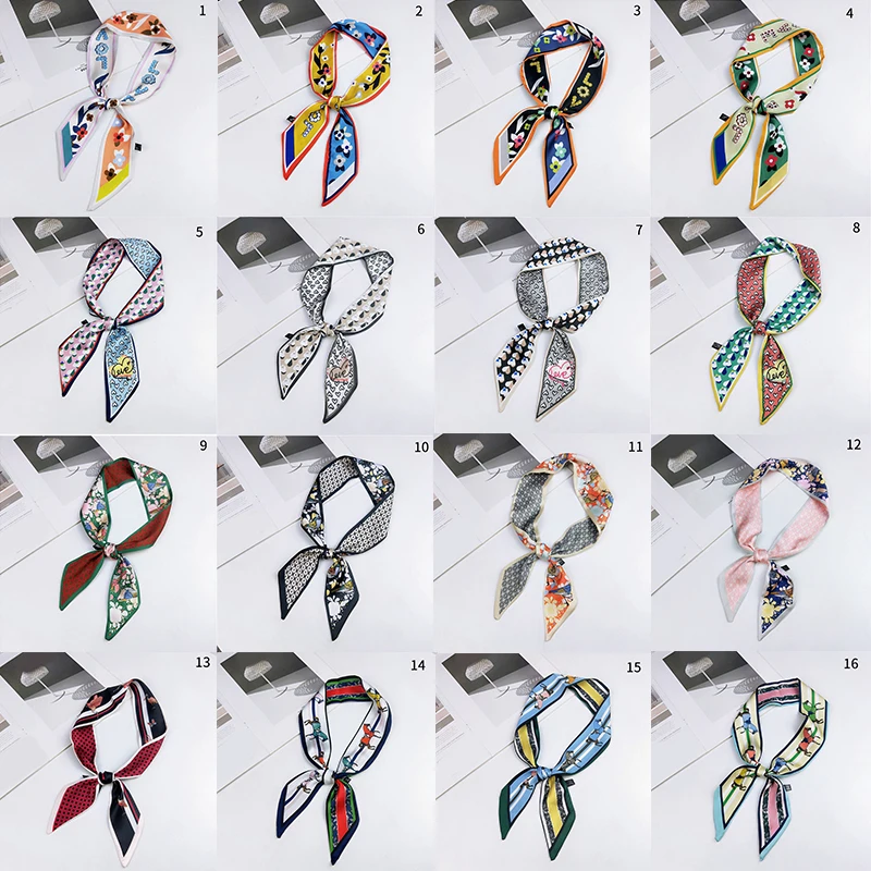 2019 Satin DIY Print Small Scarf Women Riband Handle Bags Scarf Narrow Long Wrist Small Ribbon Fashion Hair Band Scarves & Wraps image 5