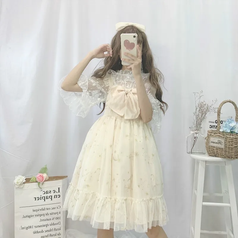 Japanese sweet lolita dress vintage lace big bowknot hot stamping victorian dress kawaii girl gothic lolita jsk loli