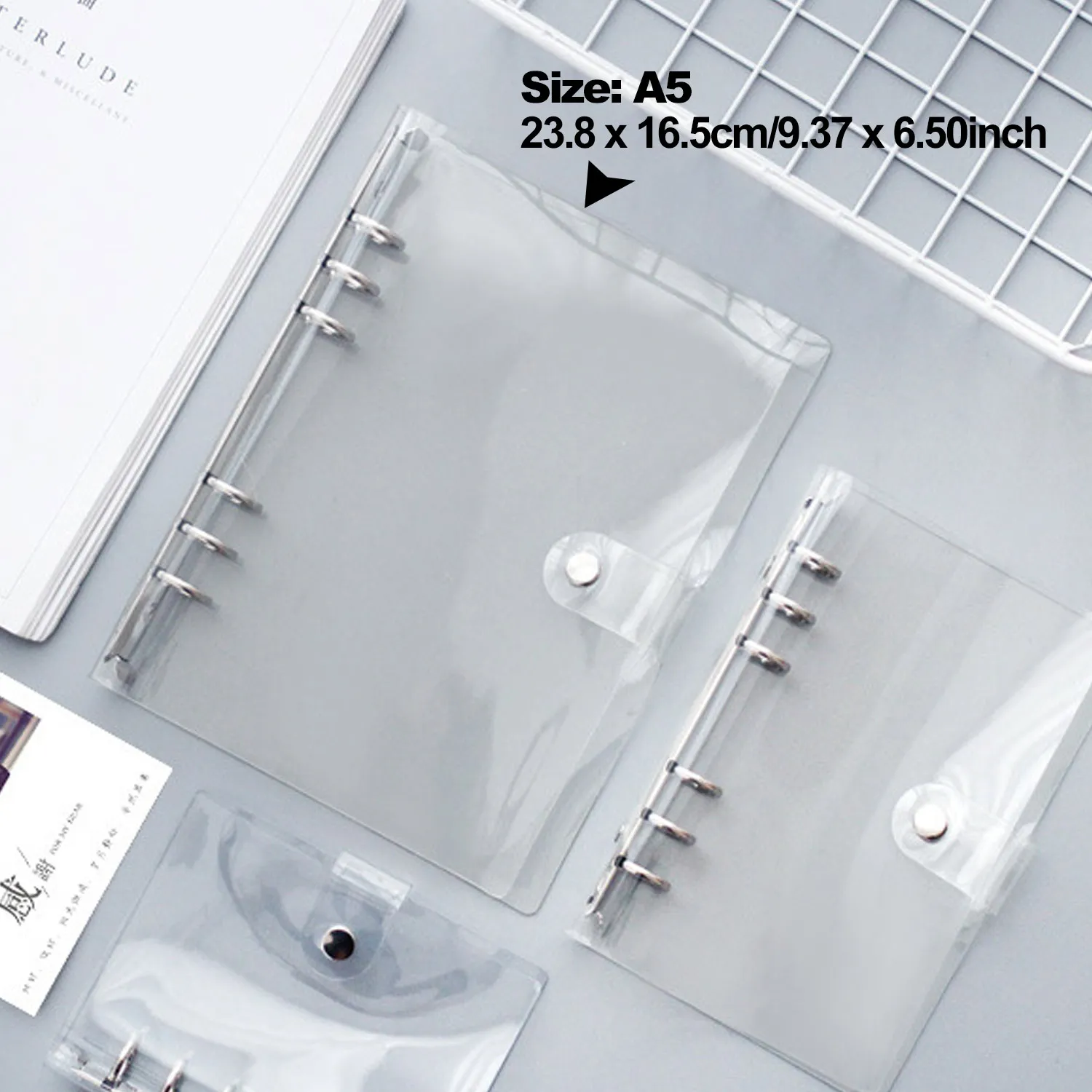 Transparent Ring Binder 6 Round Ring PVC Binder Loose Leaf Notebook Cover Folder Protector with Snap Button A5 A6 A7 Size