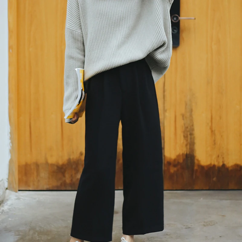 Ulzzang 여성용 와이드 레그 팬츠, 솔리드 하이 웨이스트, 플리츠, 루즈 캐주얼, 우아한 여성 한국 스타일, 시크한 학교 데일리 여아