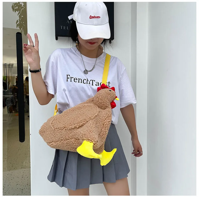 Cartone animato pollo borsa da ragazza borsa a tracolla in peluche da donna borsa a tracolla con cerniera a gallo carino con cinturino regolabile Streetwear abbigliamento casual