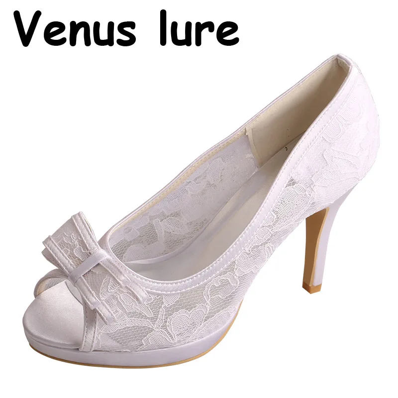 Venus lure White Shoe with Bow 10CM Heel for Bride Platform Ladies Shoes Peep Toe