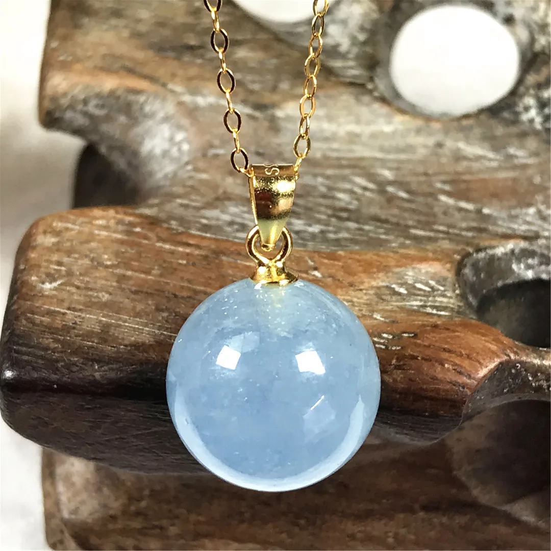 13mm Natural Blue Aquamarine Pendant Necklace For Women Lady Men Love Gift Crystal Round Beads Stone Jewelry Silver Chains AAAAA