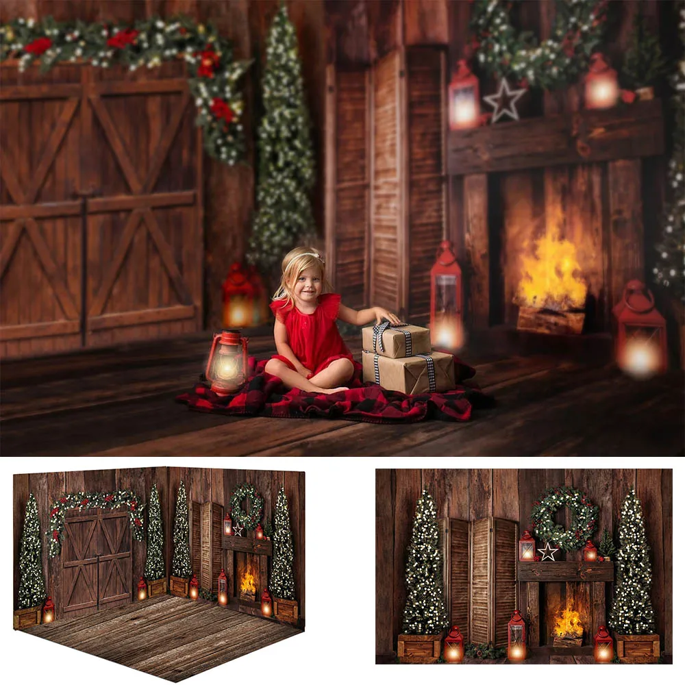 

Mocsicka Christmas Backdrop Wood Floor Door Fireplace Xmas Tree Kid Newborn Photography Background for Photo Studio Props Wreath