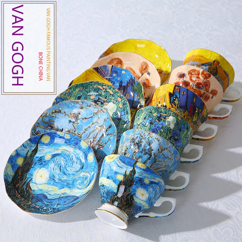 Imagem -03 - Van Gogh Arte Pintura a Óleo Xícara de Café Pires Conjuntos Inglês Tarde Chá Caneca Bone China Teacup para Café Requintado Caixa de Presente