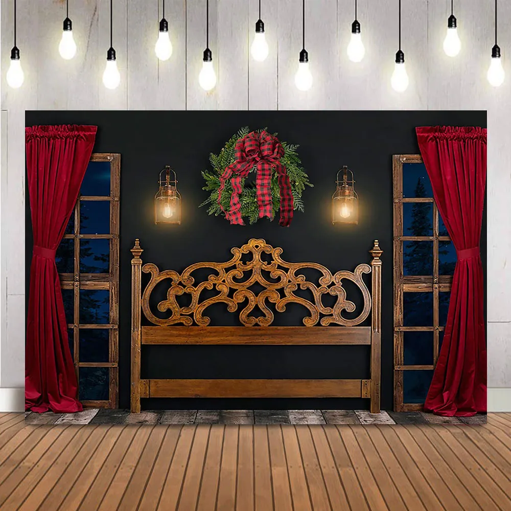 Christmas Headboard Backdrop for Photography Windows Night Scene Wreath Photo Background Red Curtain Oil Light Photocall Props