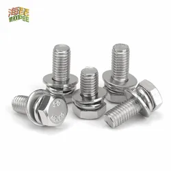 1/10pcs M4 M5 M6 M8 M10 M12 304 Stainless Steel External Hex Hexagon Head SEM Screw Flat Washer Spring Gasket Assemble Bolt