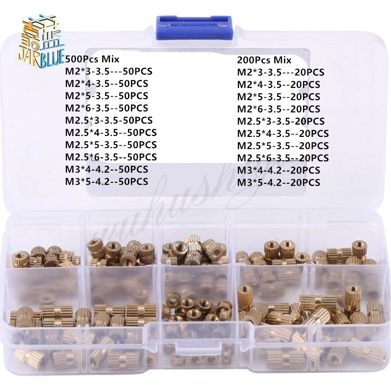 200/500pcs M2 M2.5 M3 Brass Knurl Insert Nuts Threaded Assortment Set Kit with Plastic Box