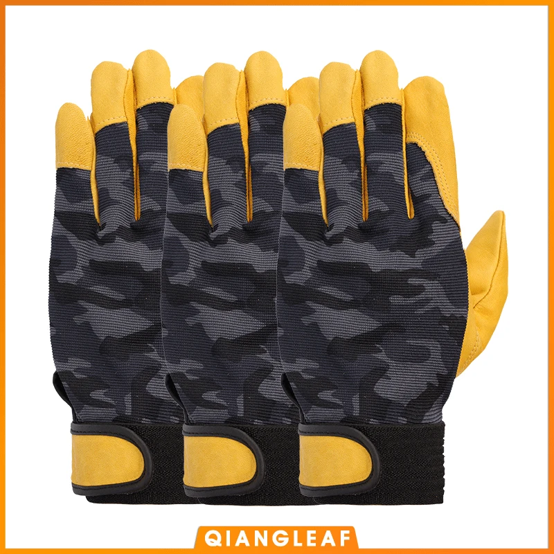 

QIANGLEAF 3PCS Work Gloves work glove protective gloves Top Layer Cowhide Cloth Driver Protection Tactics Safety Mitten 508MC