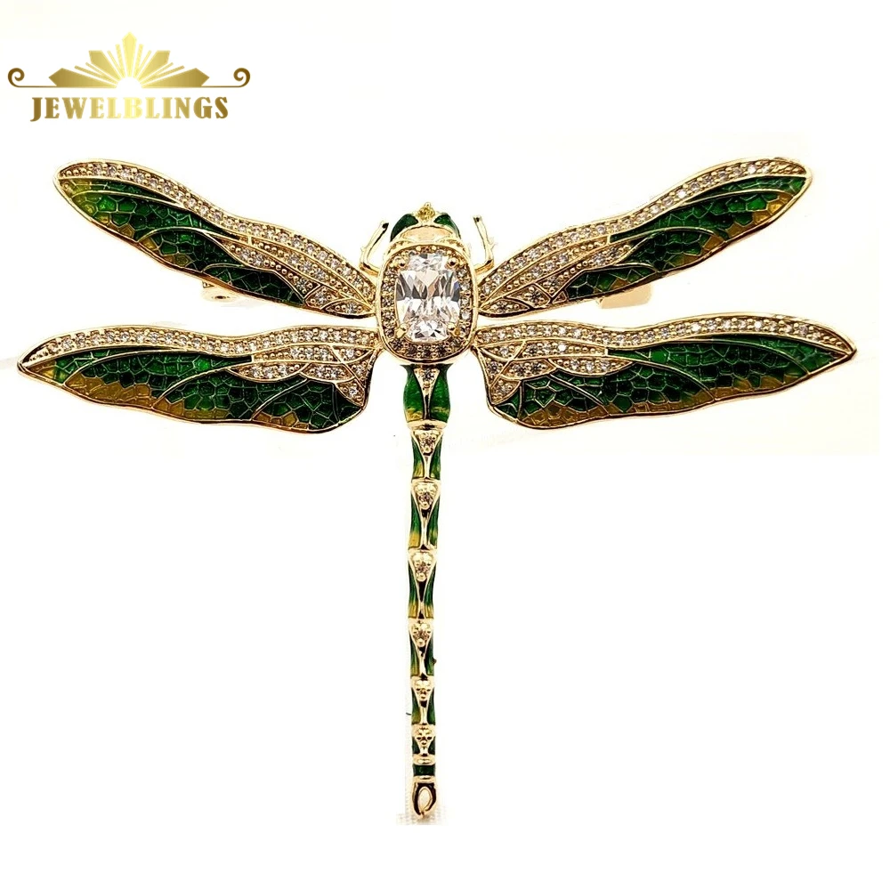 Vintage Green Enameled Oversize Dragonfly Brooches Gold Tone Micro Pave Crystal Winged Big Dragonfly Pins Unisex Insect Jewelry