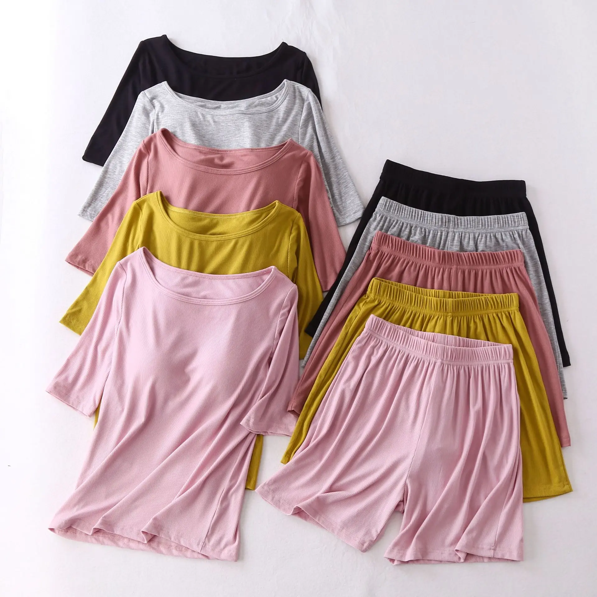 Fdfklak-Conjunto de 2 piezas para Mujer, ropa de dormir con pantalones cortos y cuello redondo, color rosa, para verano