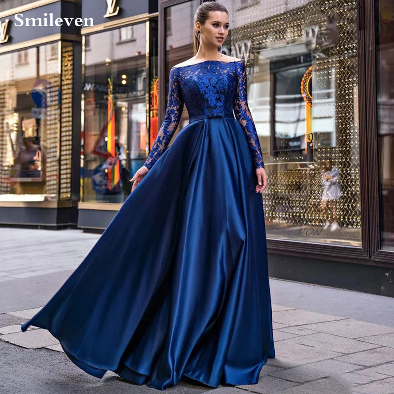 Smileven Navy Blue Satin caftan Evening Dresses Long Sleeve Arabic Special Occasion Dress Off Shoulder Lace Evening Party Gowns