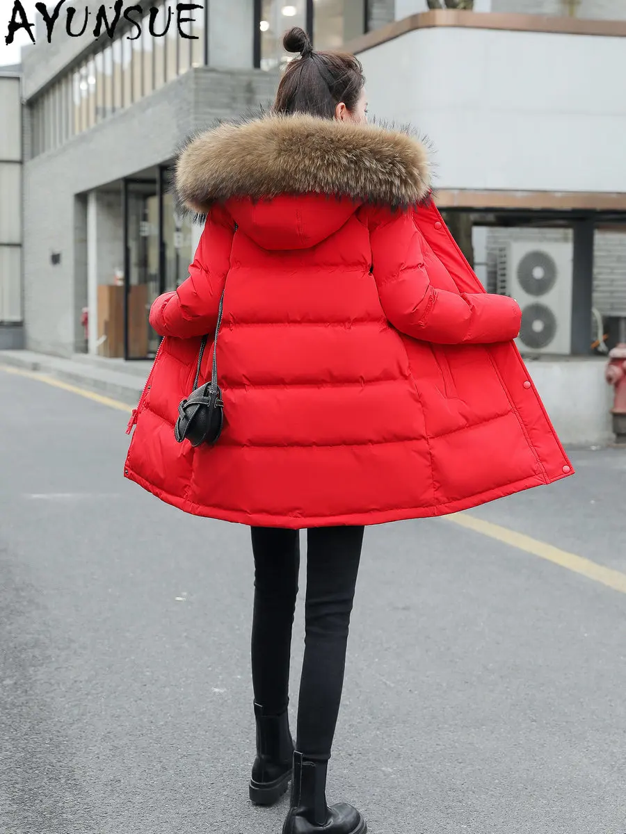 AYUNSUE 2020 Autumn Winter Women\'s Down Jacket Real Raccoon Fur Collar Thicken Red Female Coat Woman Wearcoat Abrigos Para Mujer