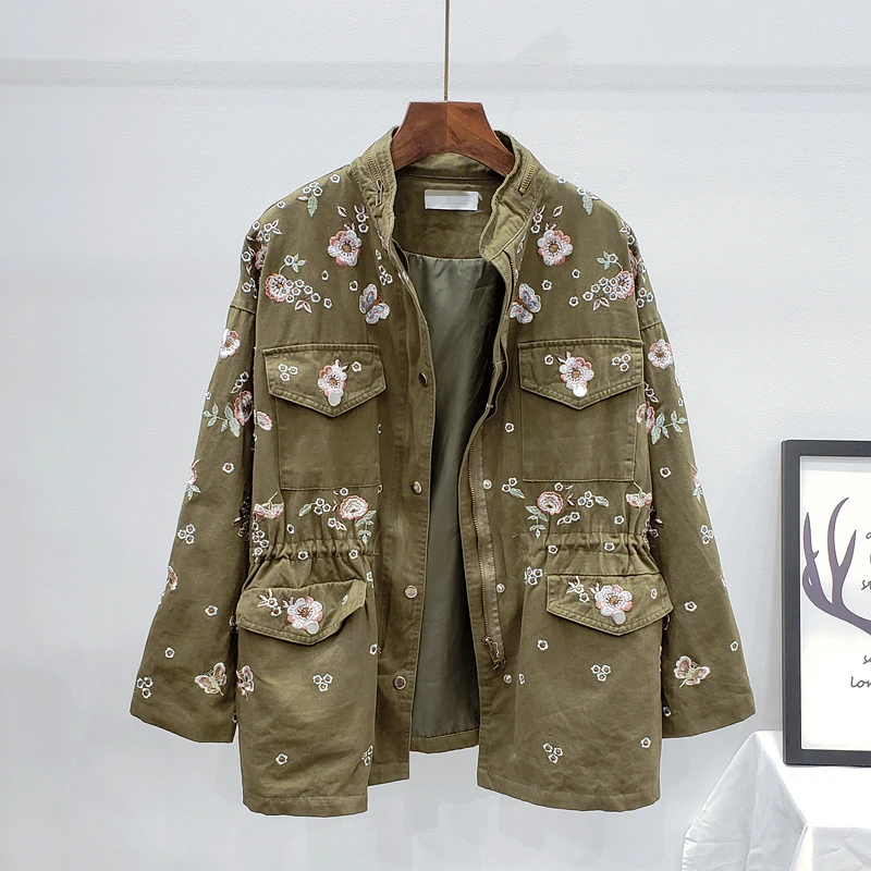 Women Cotton Jacket Coat Casual Women Bomber Jacket Embroidery Flower Oversize Women Coat Female Jackets Army Green Cotton Coats