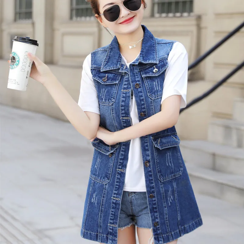 6XL Denim Vests Spring Autumn Women Casual Pocket Hole Jeans Vests Jacket Coat Ladies Sleeveless Waistcoat W2094
