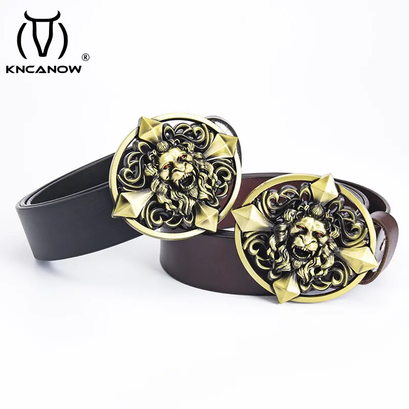 Mens Belt Lion Head Buckle Genuine Leather Straps Fashion High Quality Male Luxury Fancy Vintage Jeans Casual Pants Knight Strap