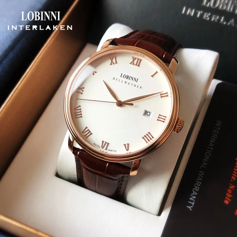 LOBINNI Роскошные автоматические механические часы с корпусом из розового золота, деловые часы с датой, водонепроницаемые часы с сапфировым стеклом
