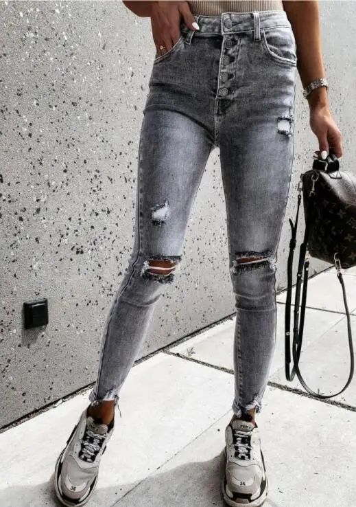 Street Skinny Jeans Big Holes Slim-Fit High-Waisted Jeans Small Feet Jeans