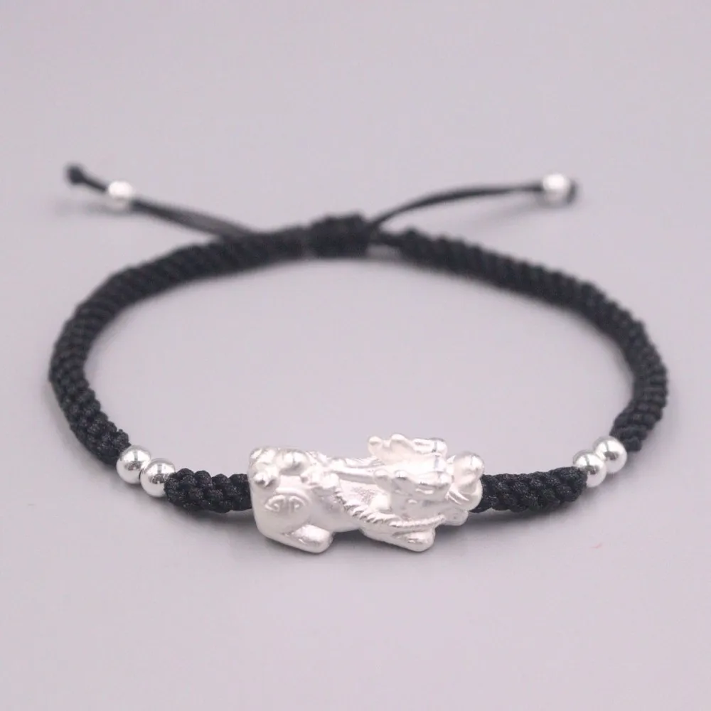 

Genuine 999 Fine Silver Pixiu with Silver Bead Black Cord Bracelet Length from 5" to 9.8"