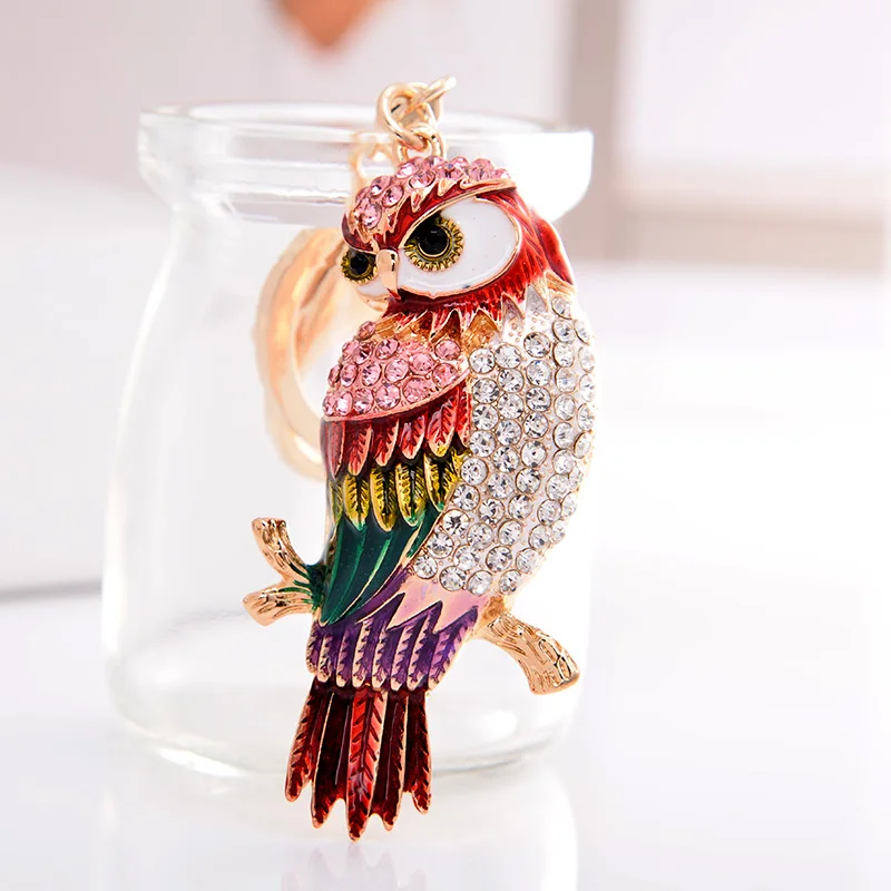 Crystal-Parakeet key Ring Parrot Bird Chains Keychain Rainbow-enamel-Animal owl-bird Jewelry Women Girls Bag Wallet Pendant