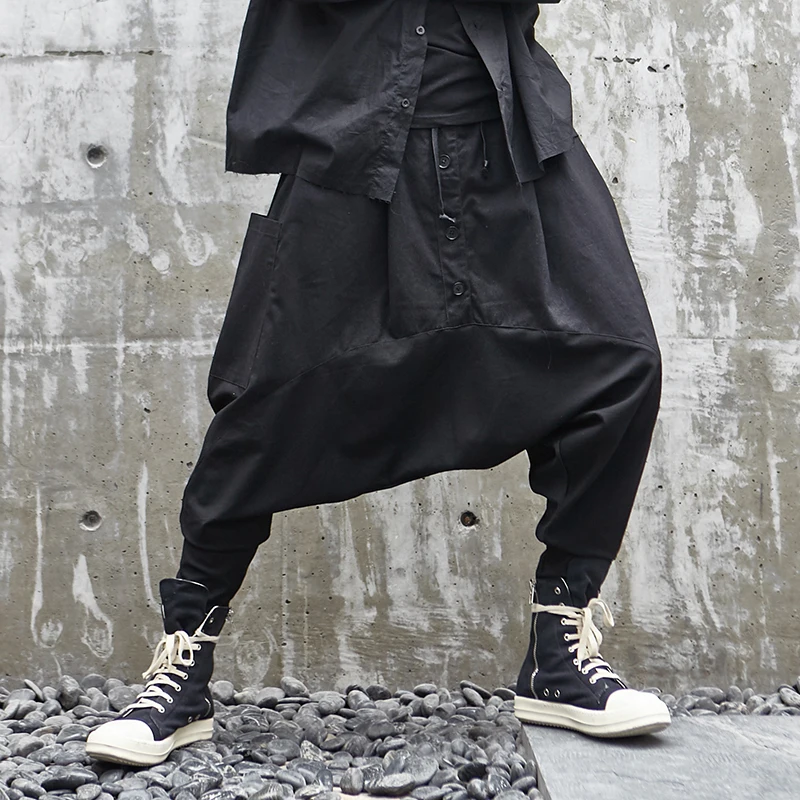 Men Singer Hair Stylist New Hip-Hop Street Hanging Crotch Spliced Single Breasted Fashion Men's Casual Pants Design