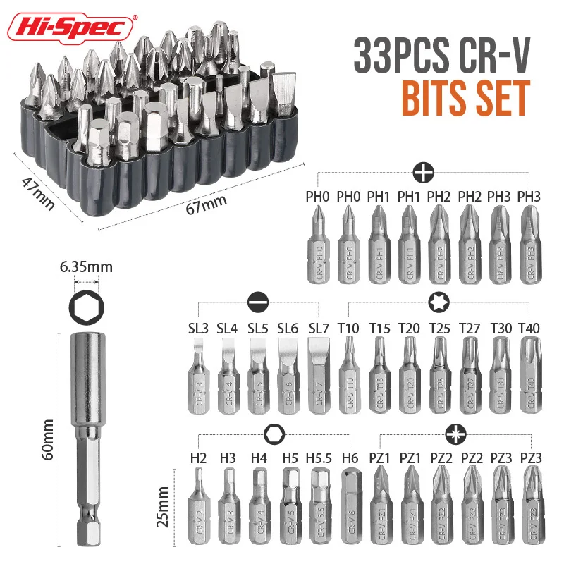 Hi-Spec Magnetic Screwdriver Bit Holder Handle, 1/4 Bit Bits Driver, Conjunto de ferramentas manuais, Slotted Hex, Torx, Phillips Bit