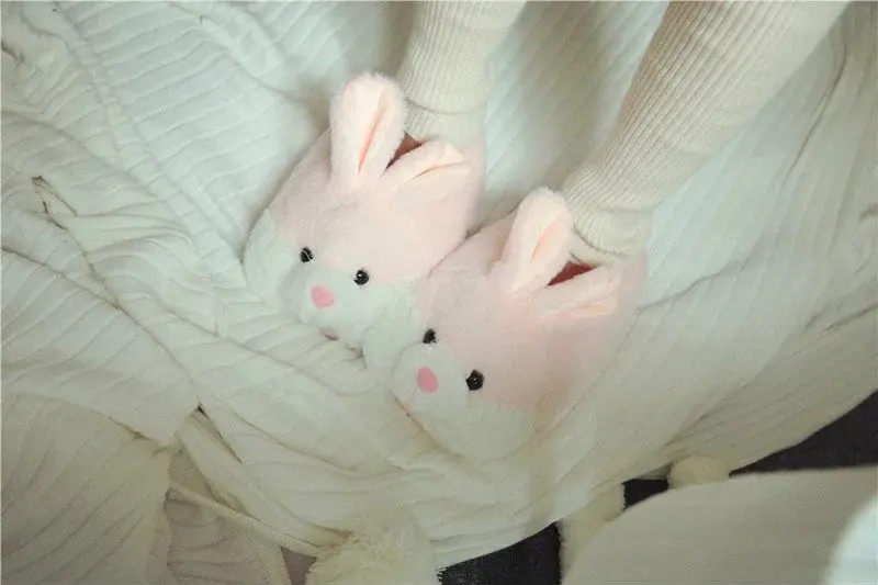 2021 Cute Pink Rabbit Gray Bunny Slipper Cartoon Animal Plush Slippers Female Winter Warm Rabbit Home Woman Slipper